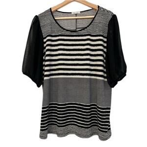 Ava James Blouse with black and white stripes and sheer black puffy sleeve sz XL